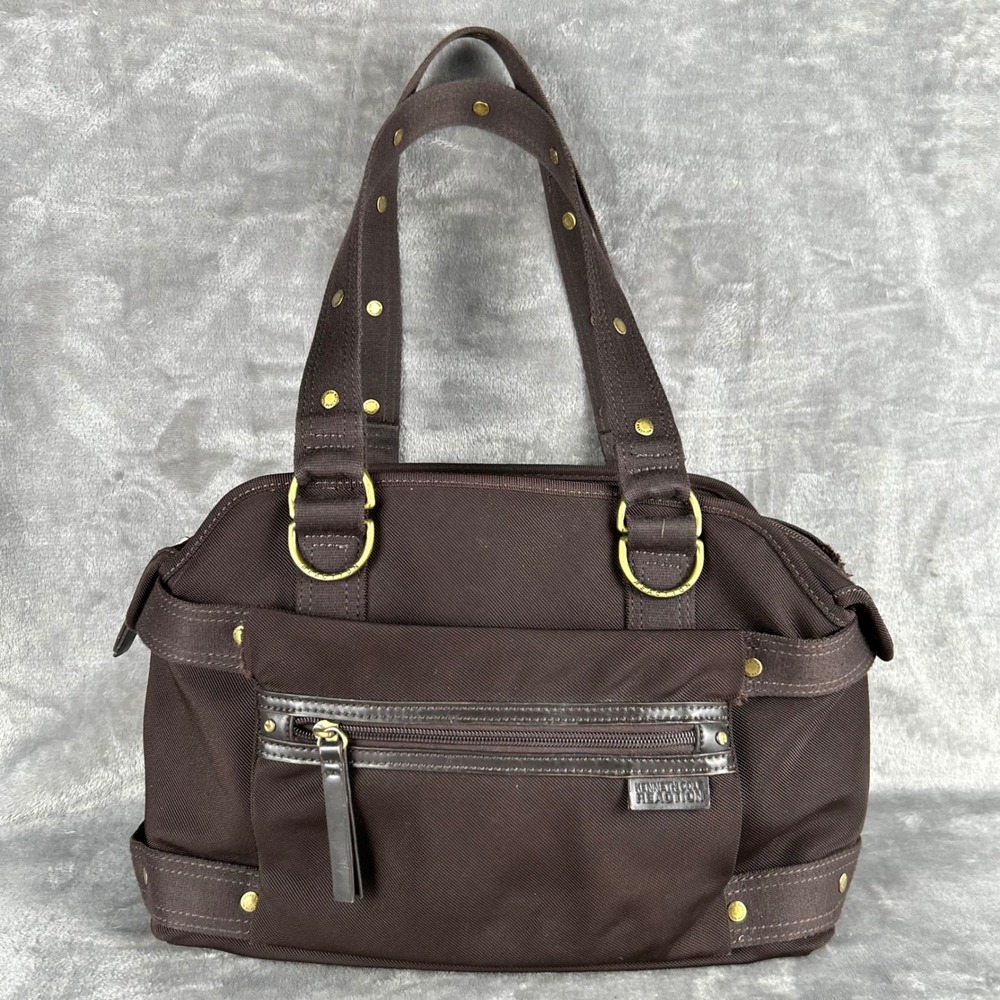 Kenneth Cole Reaction Brown Nylon Shoulder Bag Satchel Gold Studded Hardware Y2K